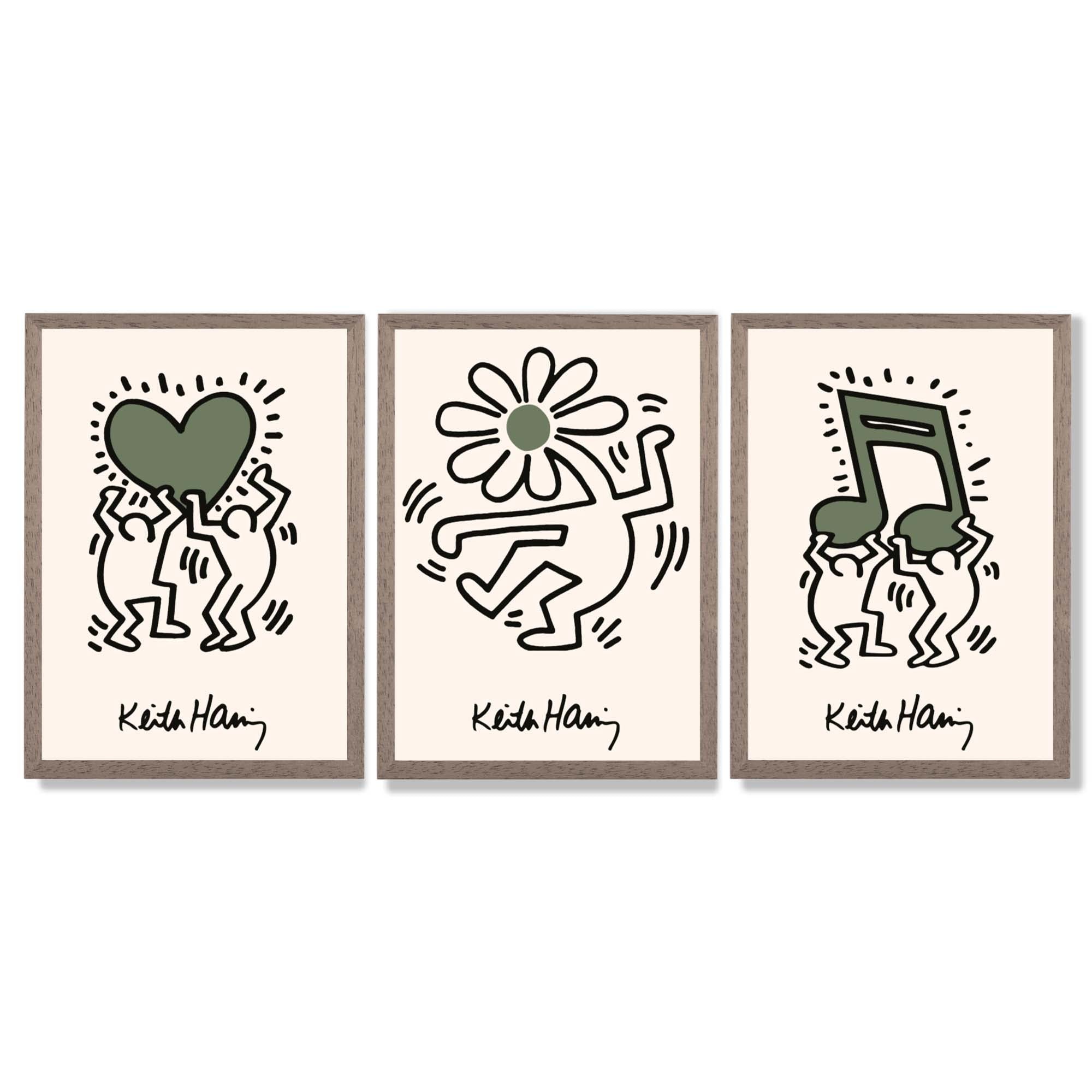 Set of 3 Keith Haring Emotive in Dark Green Framed Wall Art with Light Walnut Frames