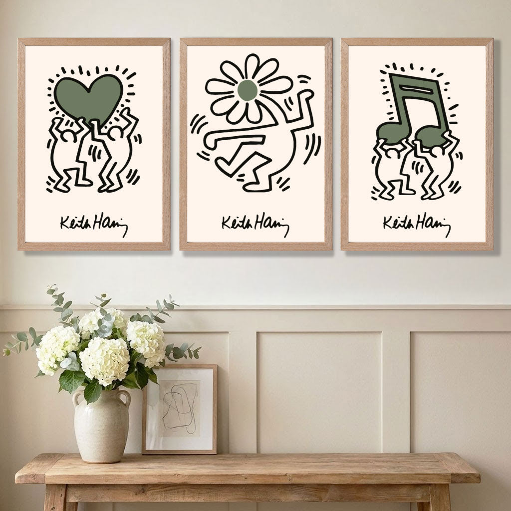 Set of 3 Keith Haring Emotive in Dark Green Art Prints in White Frames | Artze UK