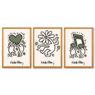 Set of 3 Keith Haring Emotive in Dark Green Framed Wall Art with Oak Wooden Frames