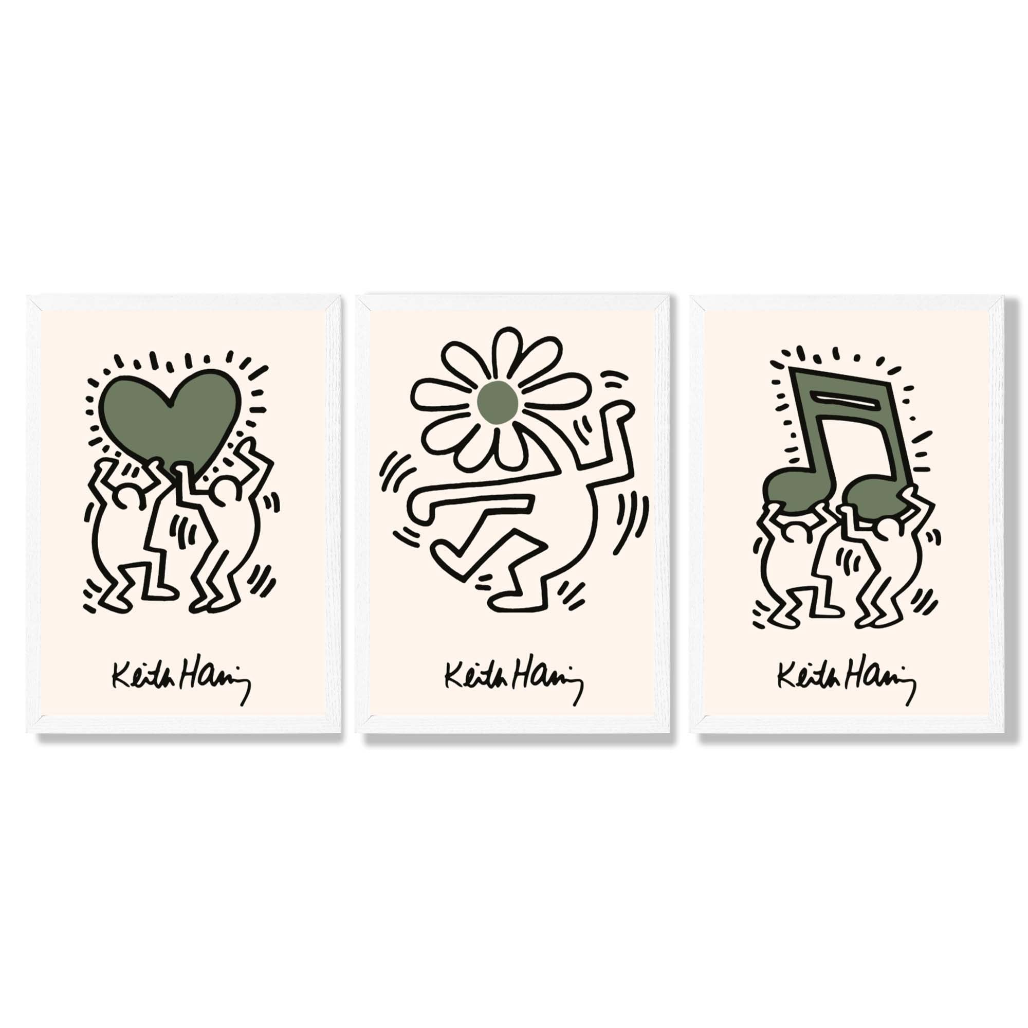 Set of 3 Keith Haring Emotive in Dark Green Framed Wall Art with White Wooden Frames