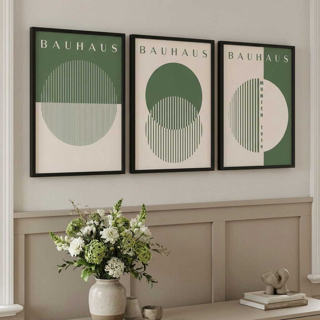 Set of 3 Green Bauhaus Floral  Framed Wall Art with Black Wooden Frames