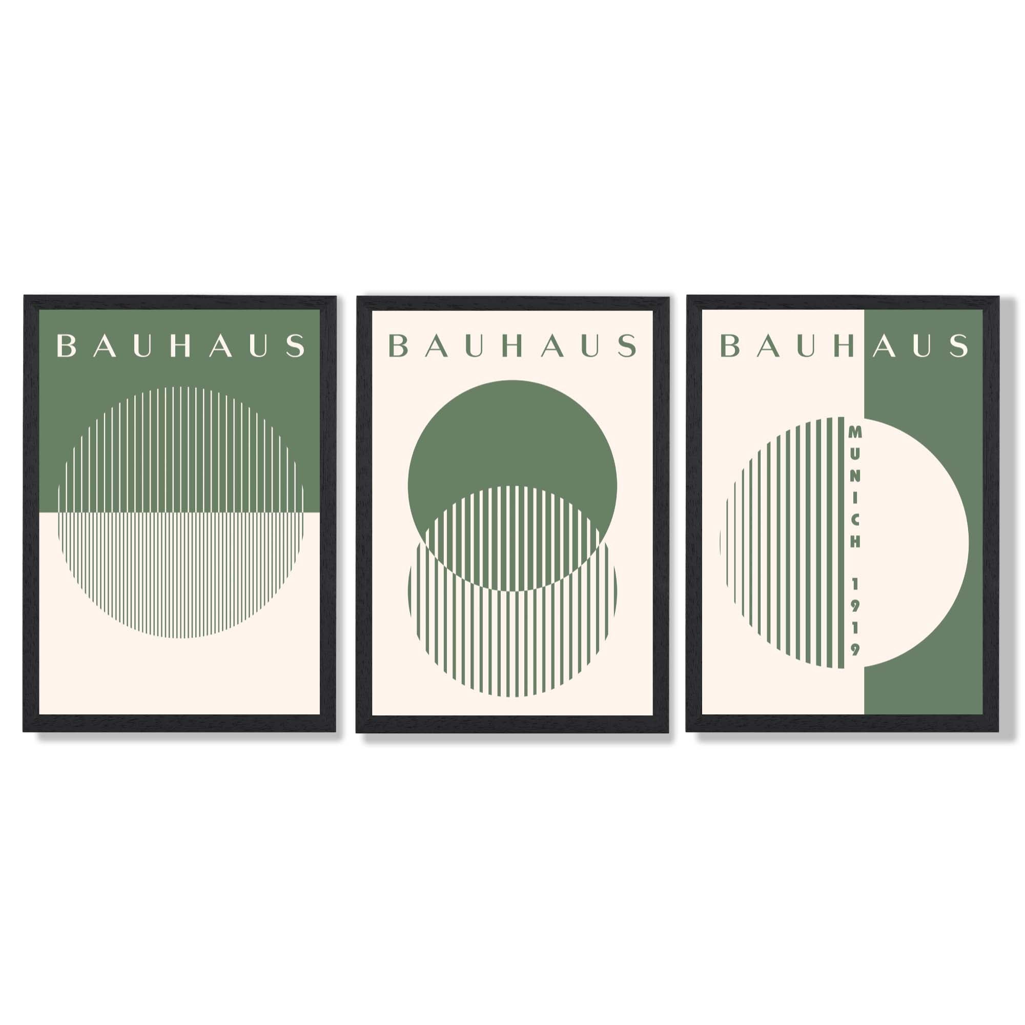 Set of 3 Green Bauhaus Floral  Framed Wall Art with Black Wooden Frames