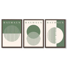Set of 3 Green Bauhaus Floral  Framed Wall Art with Dark Wood Frames