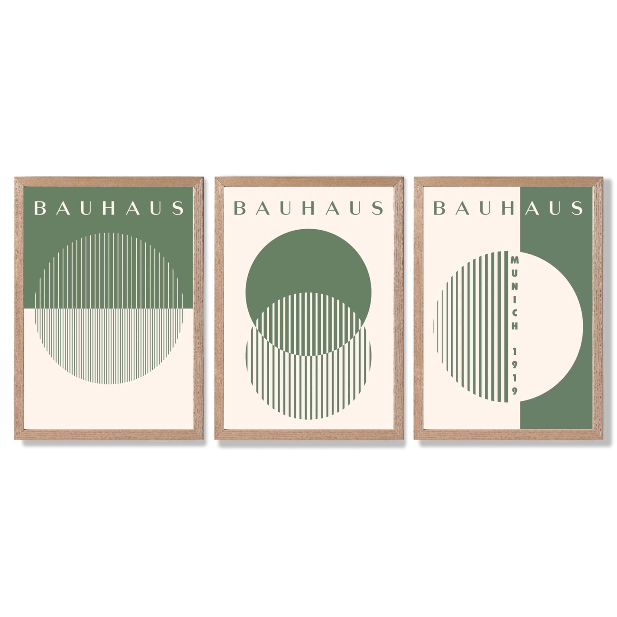 Set of 3 Green Bauhaus Floral  Framed Wall Art with Light Oak Frames