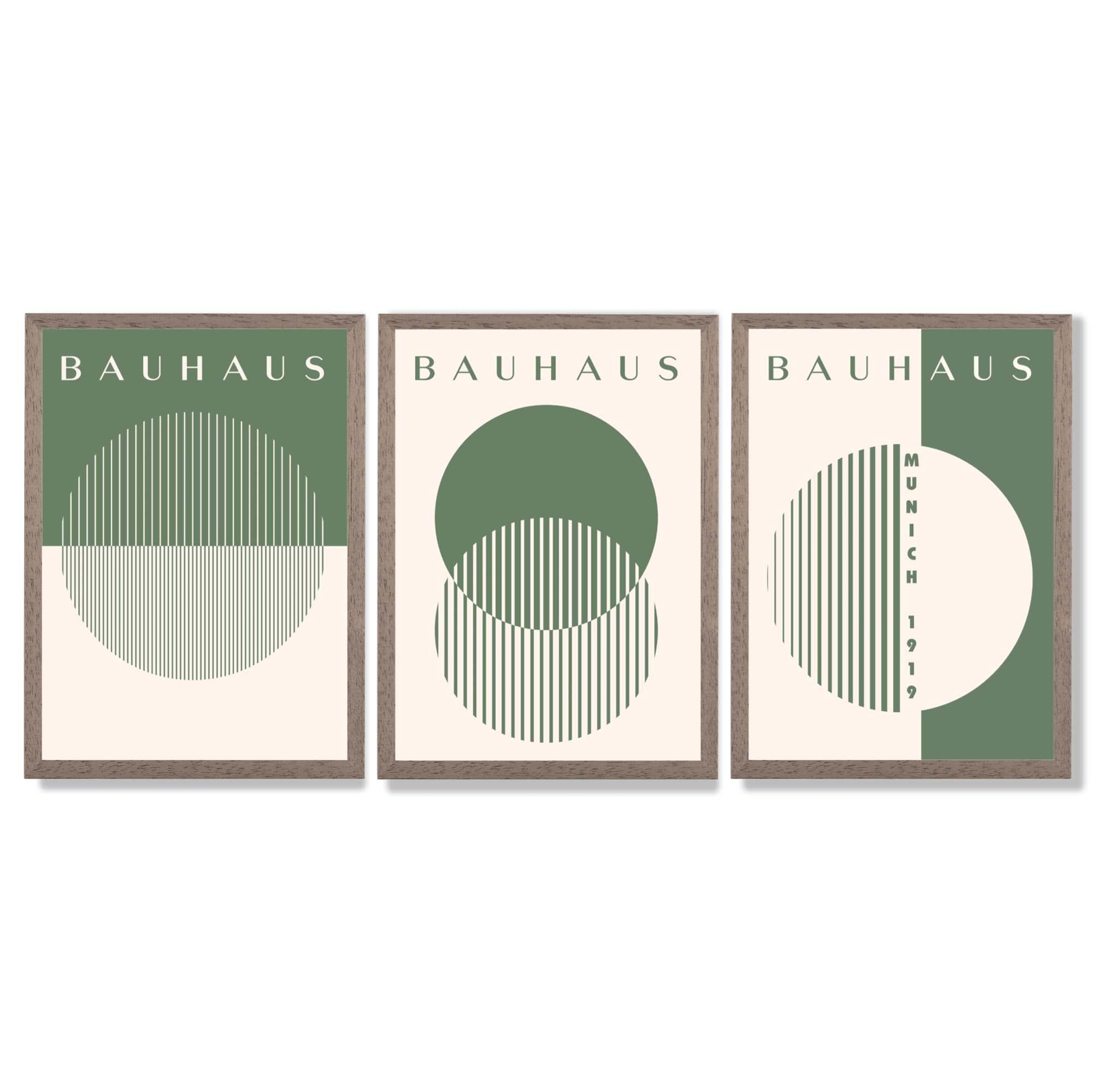 Set of 3 Green Bauhaus Floral  Framed Wall Art with Light Walnut Frames