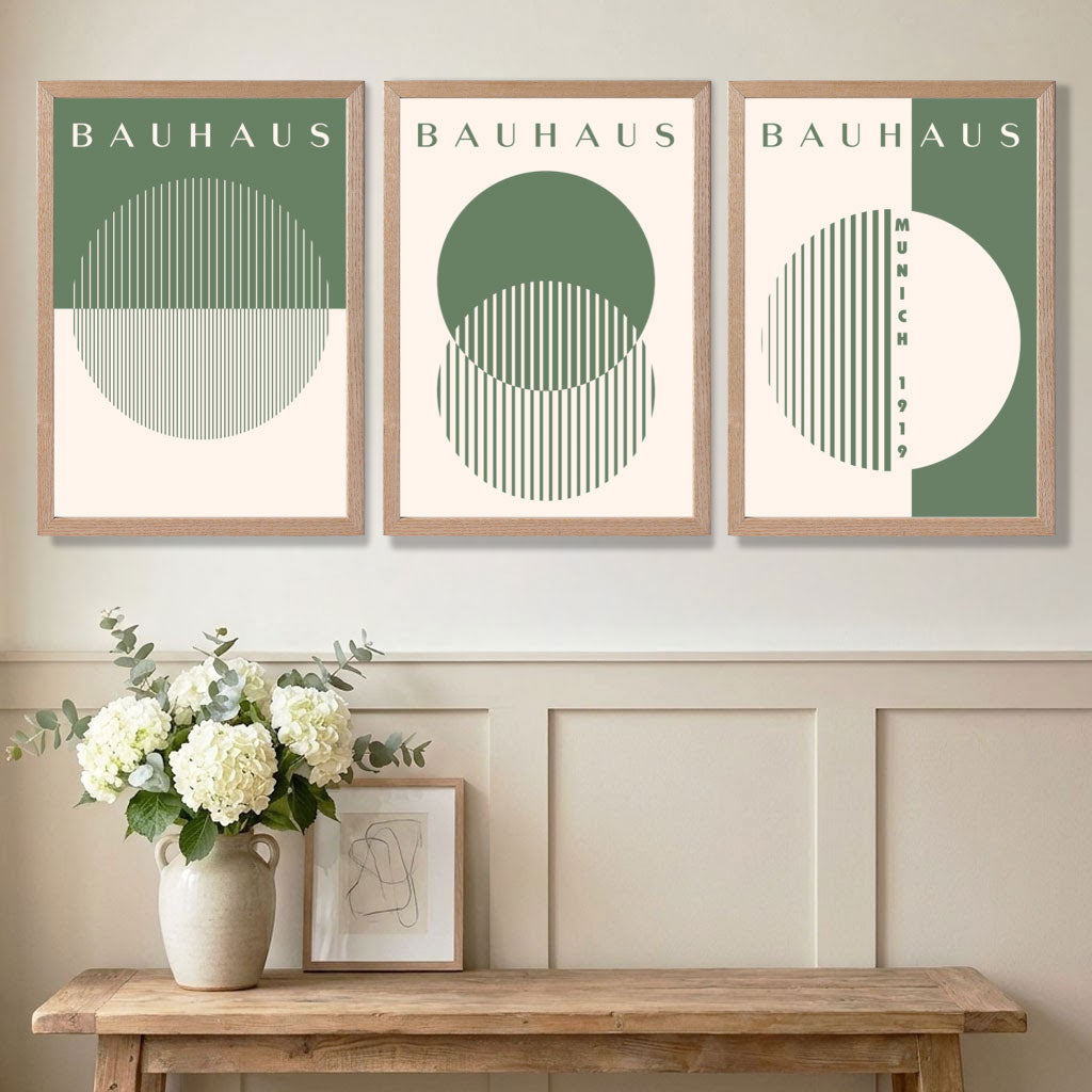 Set of 3 Green Bauhaus Floral  Art Prints in White Frames | Artze UK