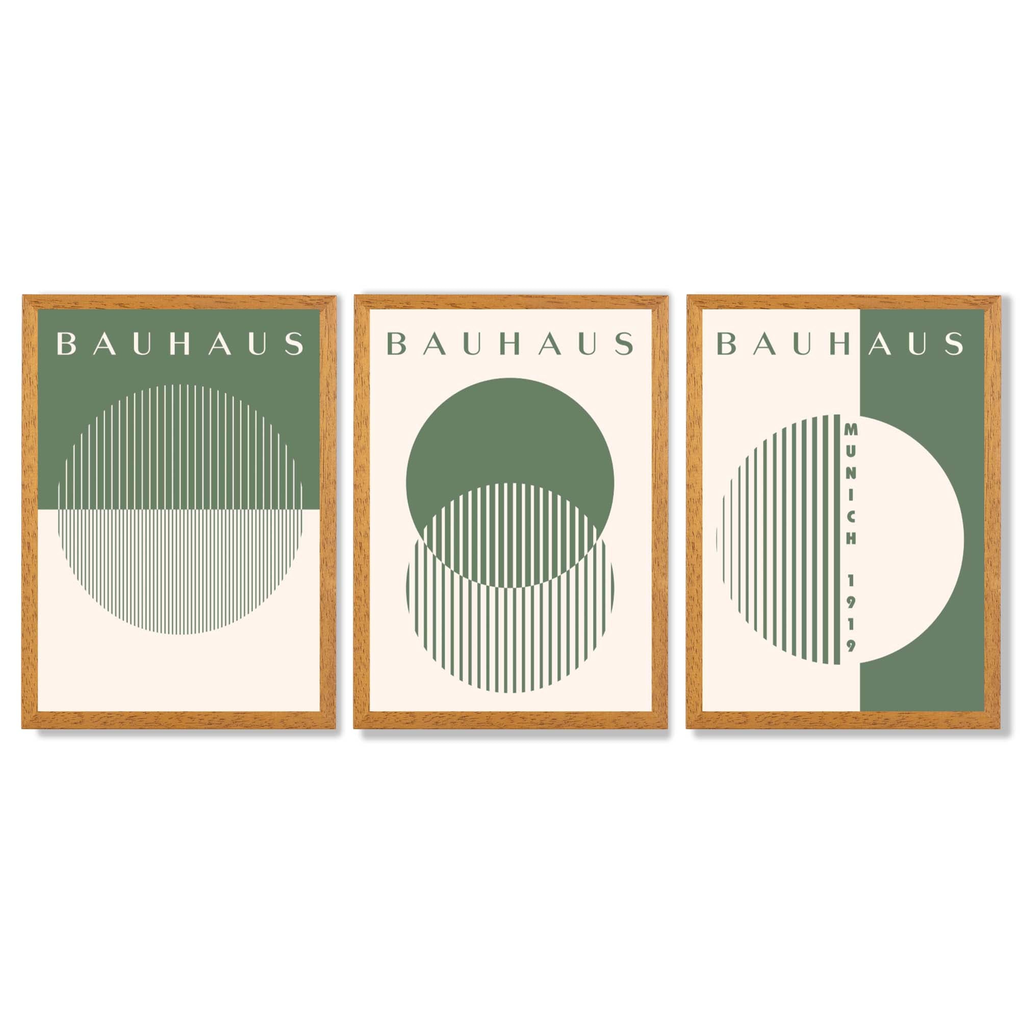 Set of 3 Green Bauhaus Floral  Framed Wall Art with Oak Wooden Frames