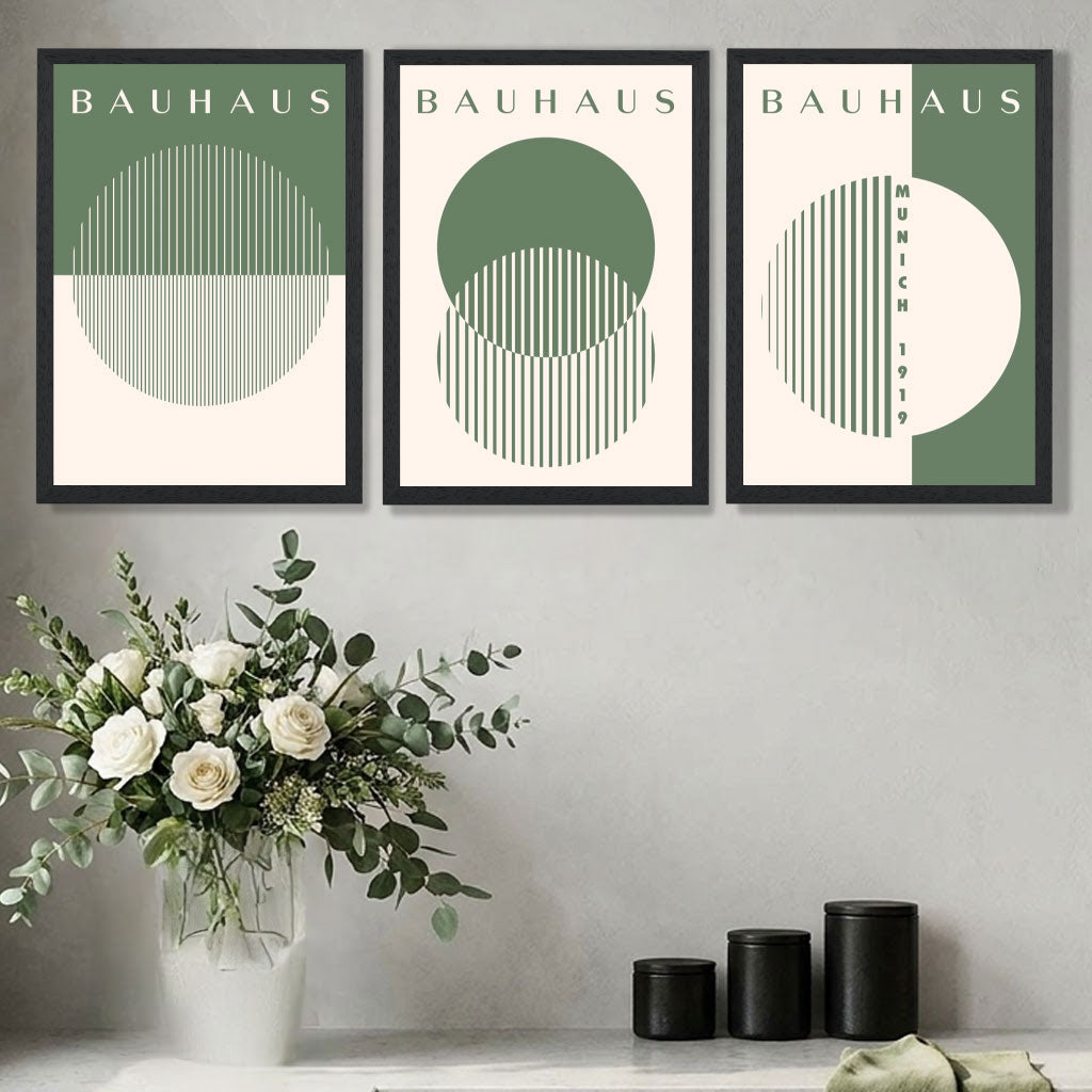 Set of 3 Green Bauhaus Floral  Art Prints in Oak Frames | Artze UK