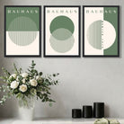 Set of 3 Green Bauhaus Floral  Art Prints in Oak Frames | Artze UK