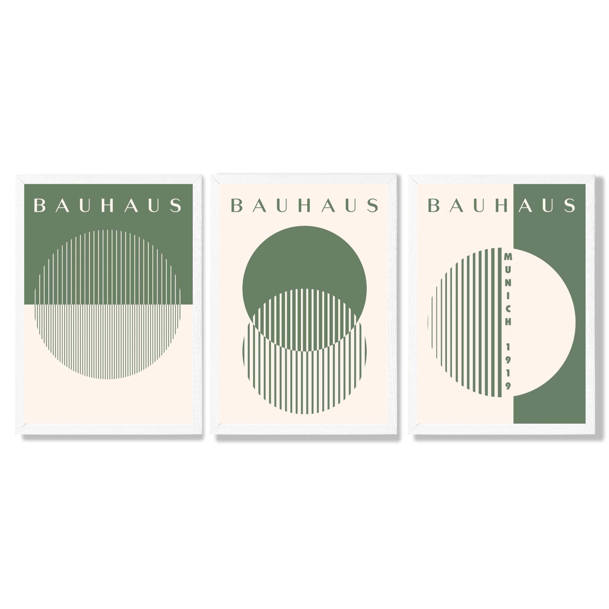 Set of 3 Green Bauhaus Floral  Framed Wall Art with White Wooden Frames