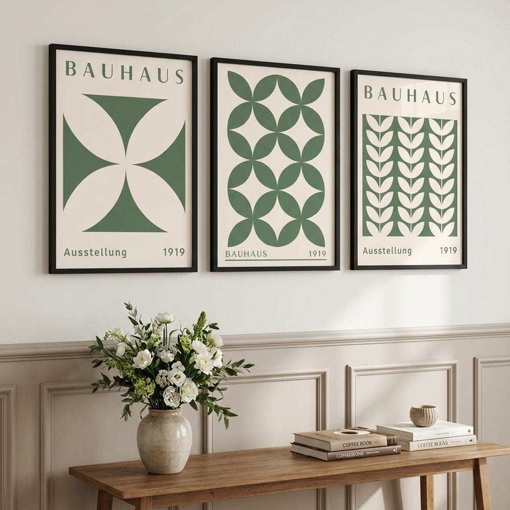 Set of 3 Green Bauhaus Floral Framed Wall Art with Black Wooden Frames