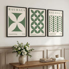 Set of 3 Green Bauhaus Floral Framed Wall Art with Black Wooden Frames