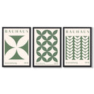 Set of 3 Green Bauhaus Floral Framed Wall Art with Black Wooden Frames