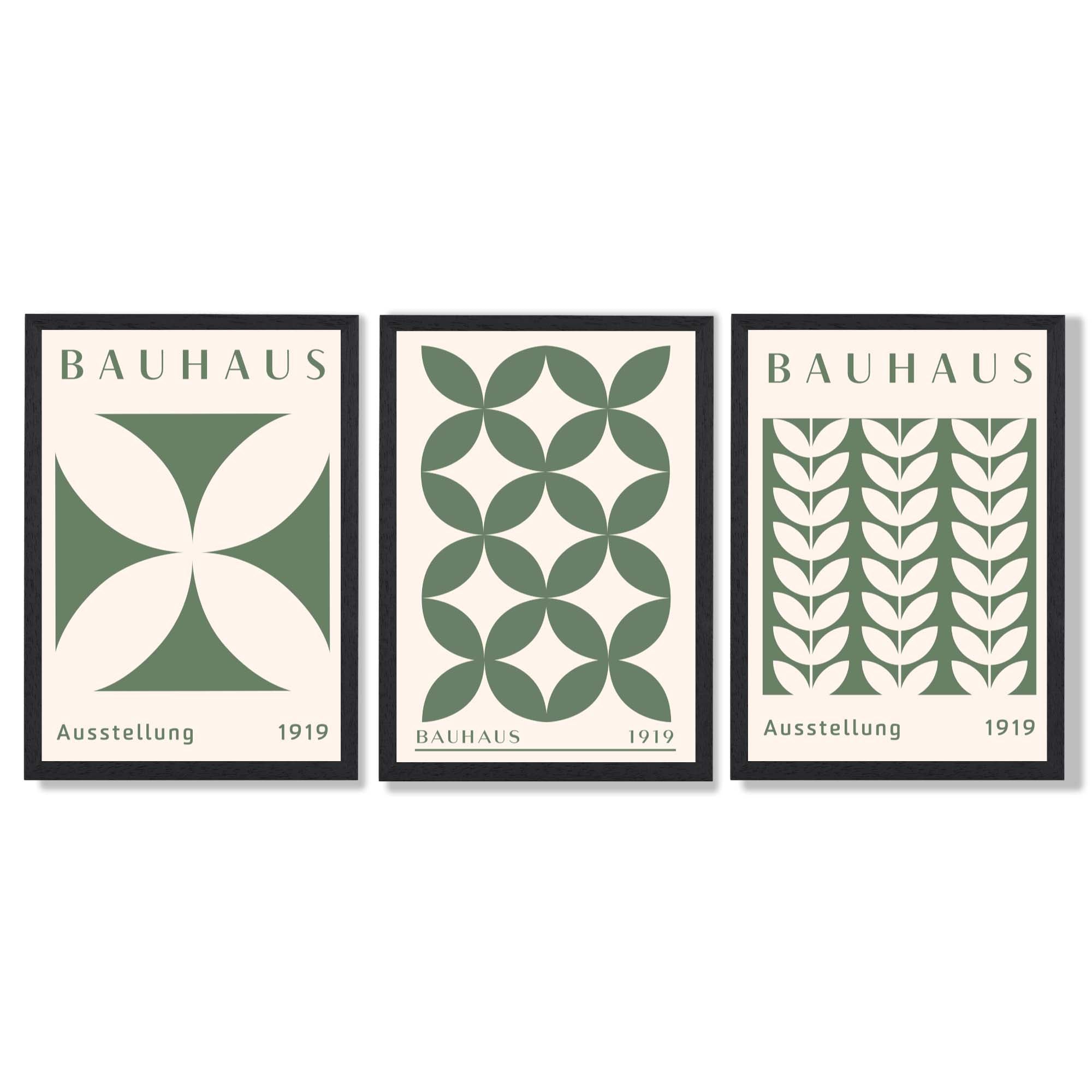 Set of 3 Green Bauhaus Floral Framed Wall Art with Black Wooden Frames