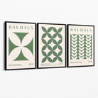 Set of 3 Green Bauhaus Floral Canvas Prints with Black Float Frame