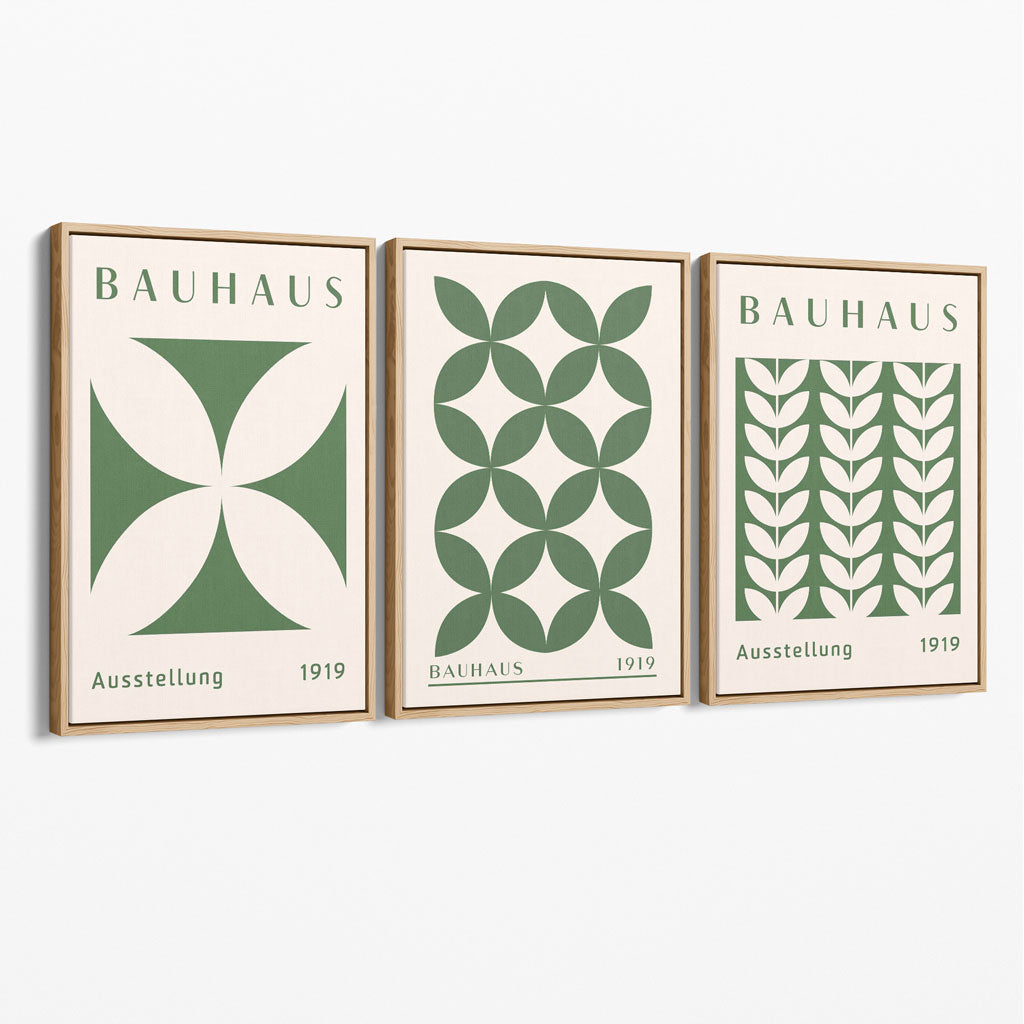 Set of 3 Green Bauhaus Floral Canvas Prints with Oak Float Frame