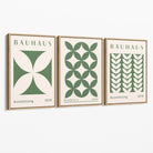 Set of 3 Green Bauhaus Floral Canvas Prints with Oak Float Frame