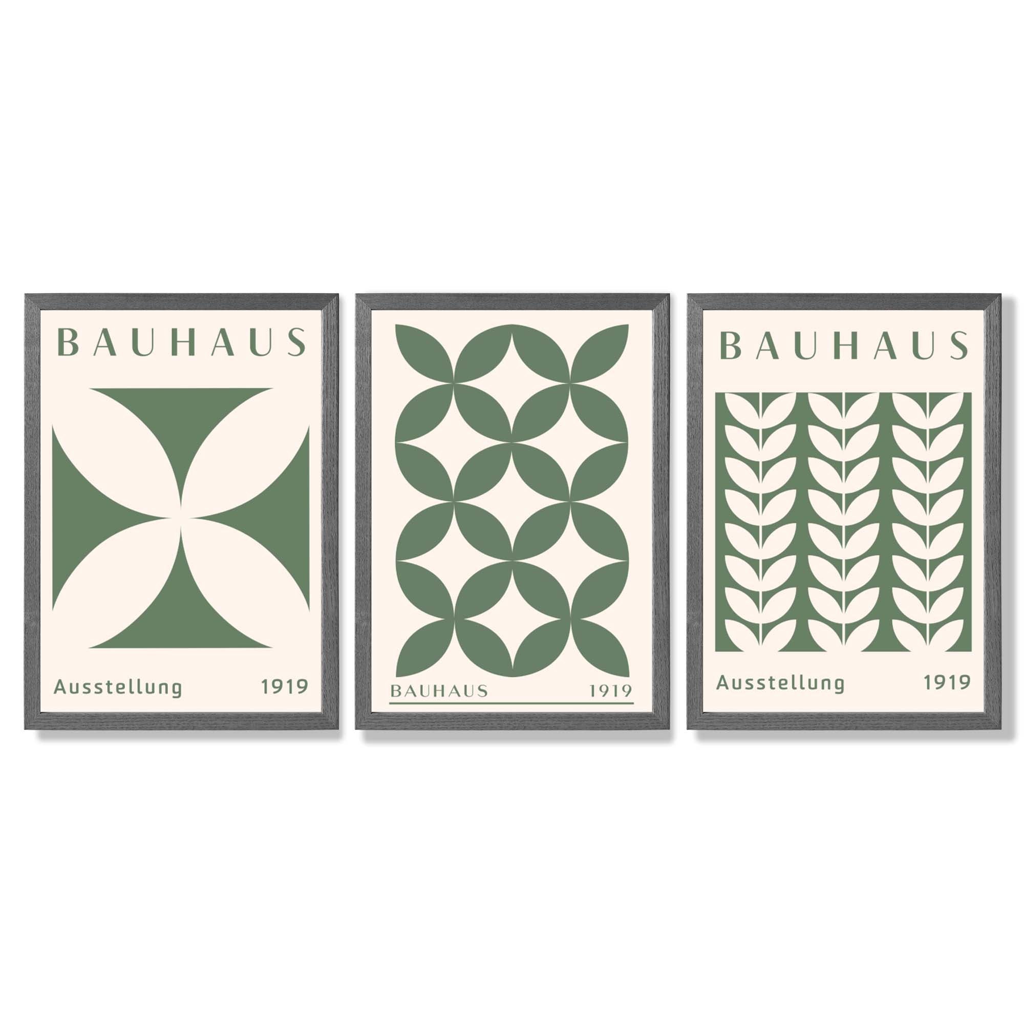 Set of 3 Green Bauhaus Floral Framed Wall Art with Dark Grey Wooden Frames