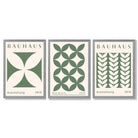 Set of 3 Green Bauhaus Floral Framed Wall Art with Light Grey Wooden Frames