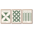 Set of 3 Green Bauhaus Floral Framed Wall Art with Light Oak Frames