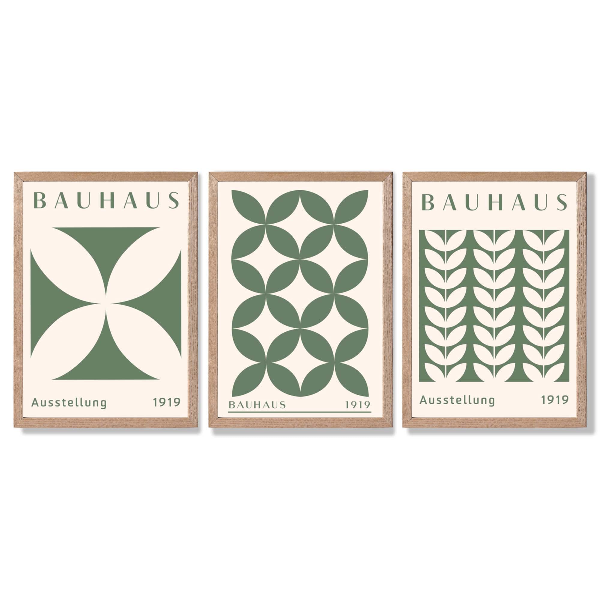 Set of 3 Green Bauhaus Floral Framed Wall Art with Light Oak Frames
