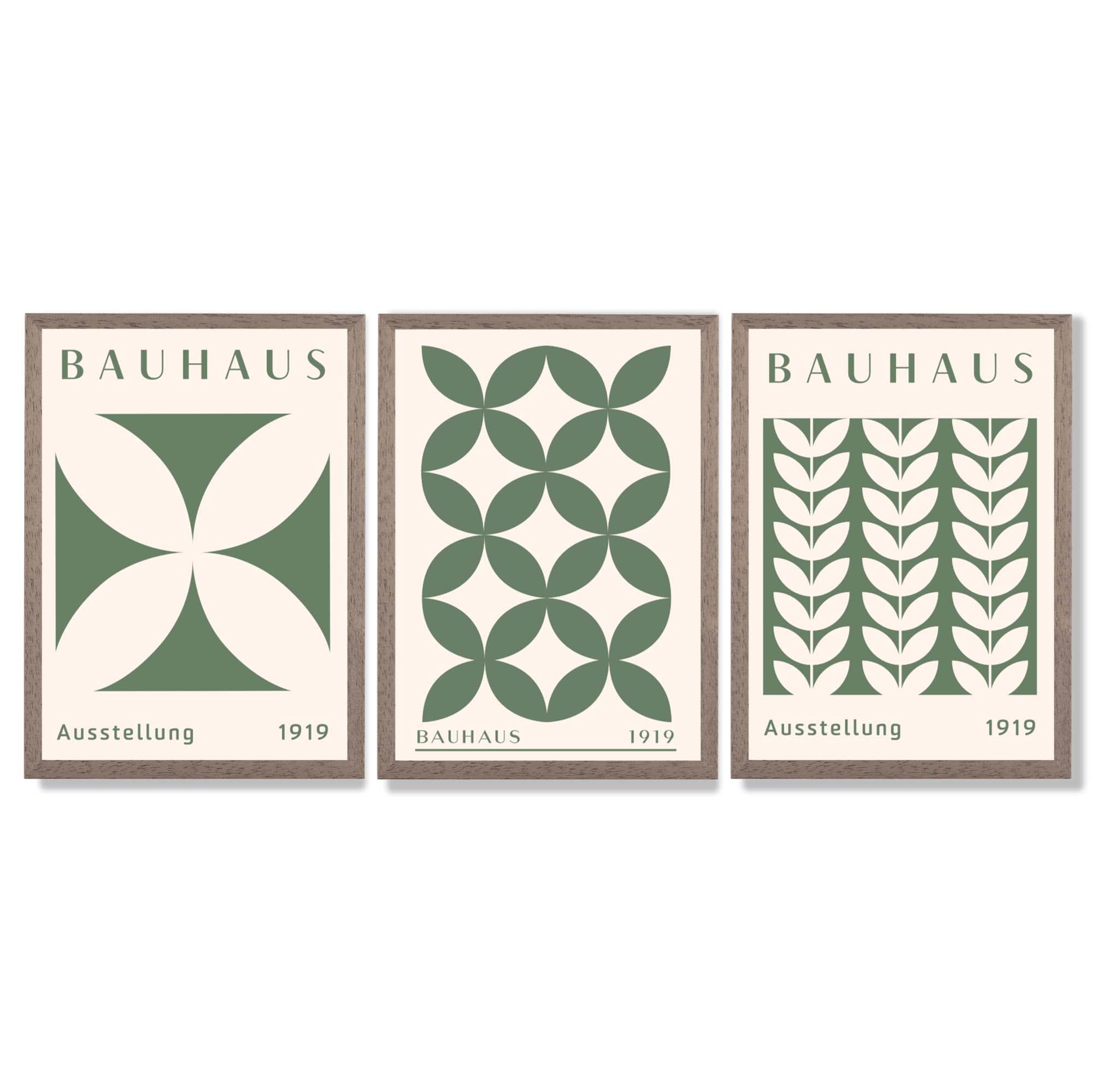 Set of 3 Green Bauhaus Floral Framed Wall Art with Light Walnut Frames