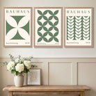 Set of 3 Green Bauhaus Floral Art Prints in White Frames | Artze UK