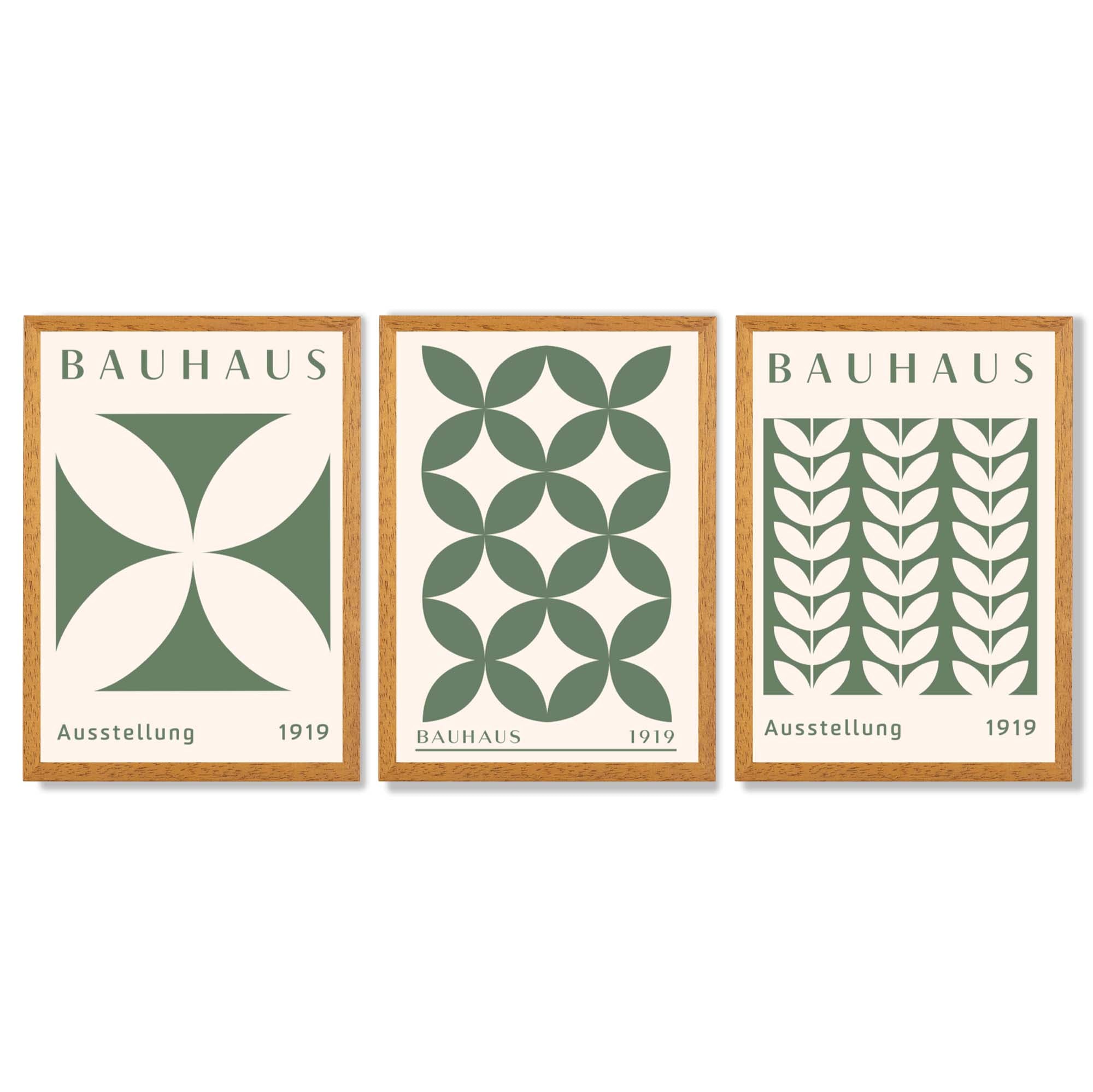 Set of 3 Green Bauhaus Floral Framed Wall Art with Oak Wooden Frames