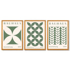 Set of 3 Green Bauhaus Floral Framed Wall Art with Oak Wooden Frames