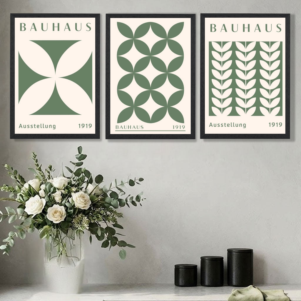 Set of 3 Green Bauhaus Floral Art Prints in Oak Frames | Artze UK