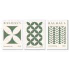 Set of 3 Green Bauhaus Floral Framed Wall Art with White Wooden Frames