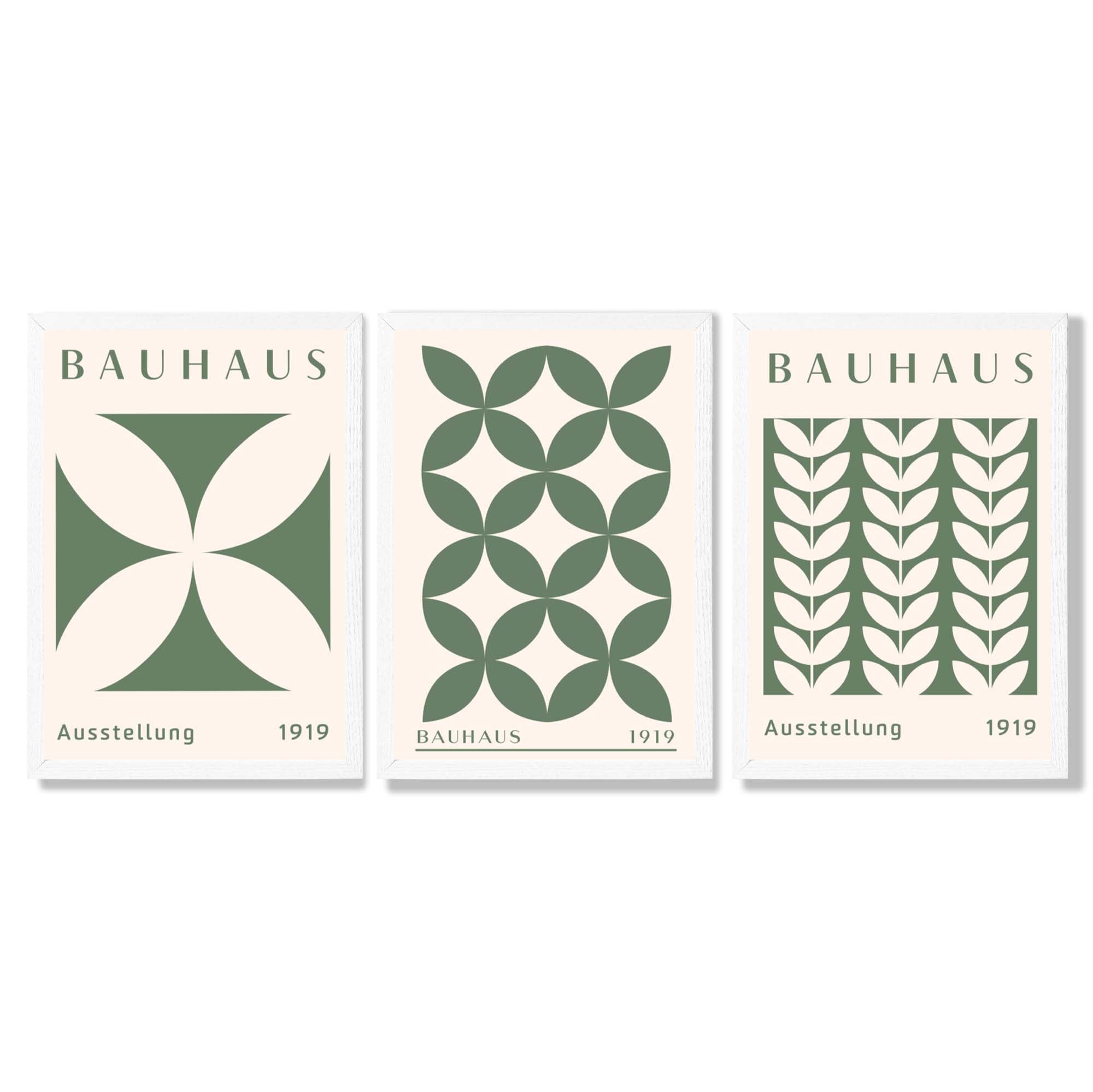 Set of 3 Green Bauhaus Floral Framed Wall Art with White Wooden Frames