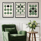Set of 3 Bauhaus Mid Century Modern Green Framed Wall Art with Black Wooden Frames