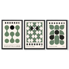 Set of 3 Bauhaus Mid Century Modern Green Framed Wall Art with Black Wooden Frames