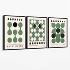 Set of 3 Bauhaus Mid Century Modern Green Canvas Prints with Black Float Frame