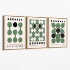 Set of 3 Bauhaus Mid Century Modern Green Canvas Prints with Oak Float Frame
