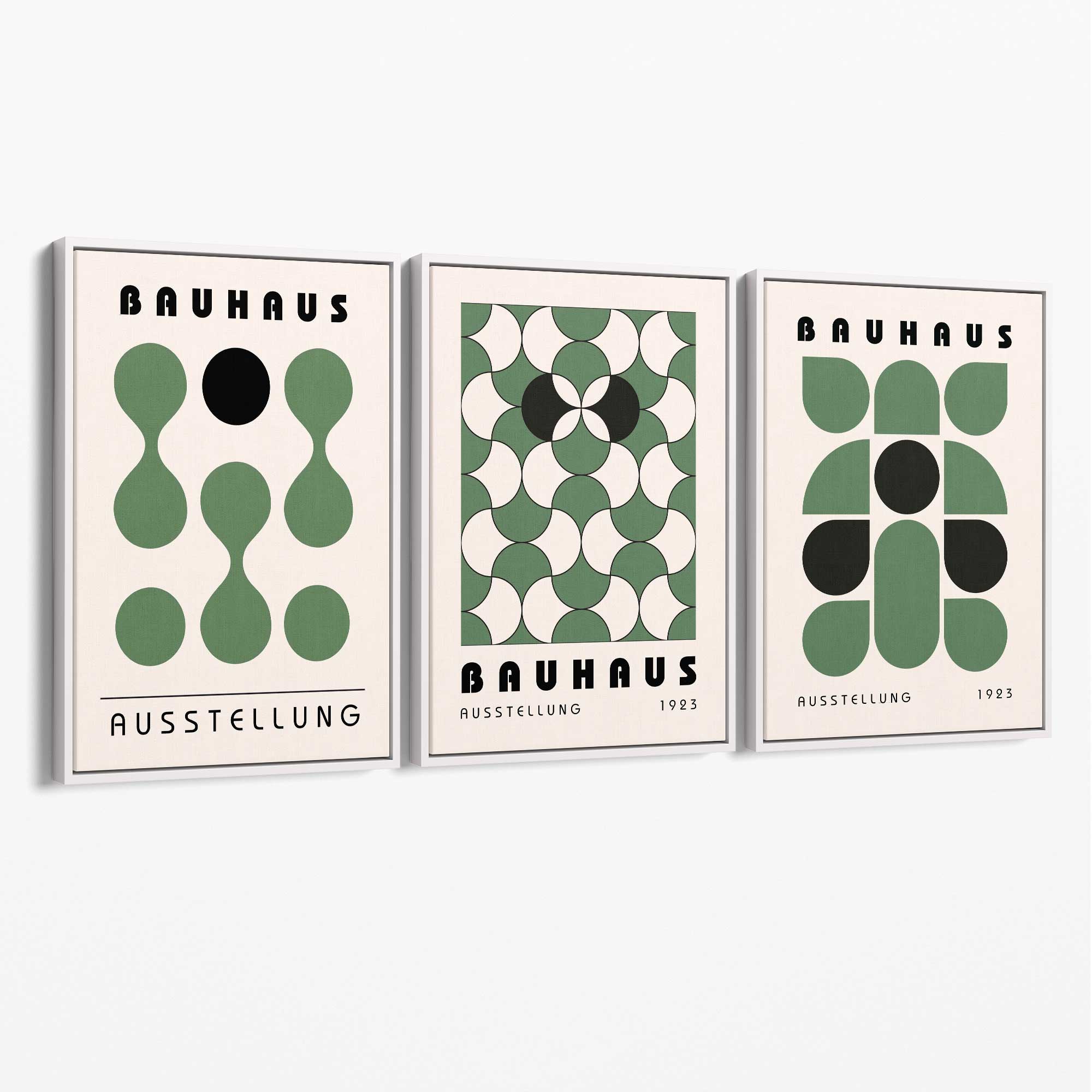 Set of 3 Bauhaus Mid Century Modern Green Canvas Prints with White Float Frame