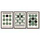 Set of 3 Bauhaus Mid Century Modern Green Framed Wall Art with Dark Wood Frames