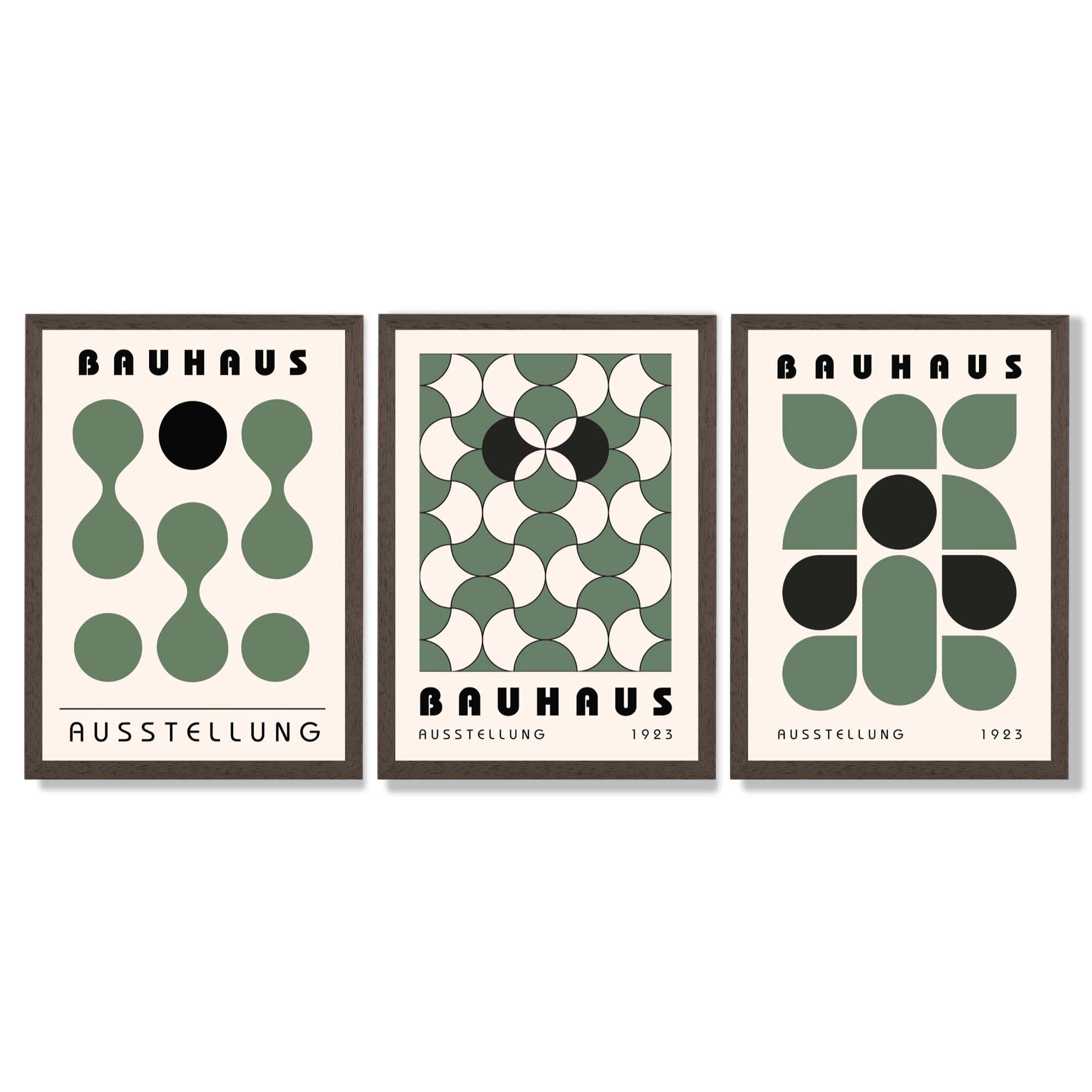 Set of 3 Bauhaus Mid Century Modern Green Framed Wall Art with Dark Wood Frames