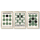 Set of 3 Bauhaus Mid Century Modern Green Framed Wall Art with Gold Wood Frames