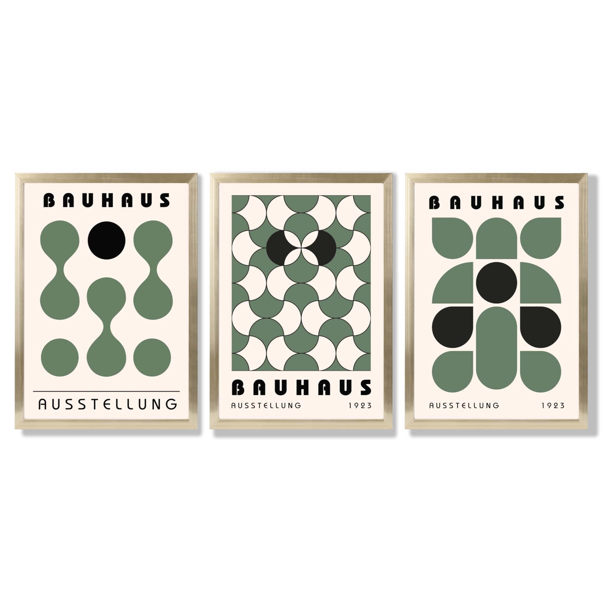 Set of 3 Bauhaus Mid Century Modern Green Framed Wall Art with Gold Wood Frames