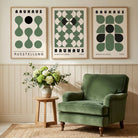 Set of 3 Bauhaus Mid Century Modern Green Art Prints in Black Frames | Artze UK