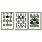 Set of 3 Bauhaus Mid Century Modern Green Framed Wall Art with Light Grey Wooden Frames