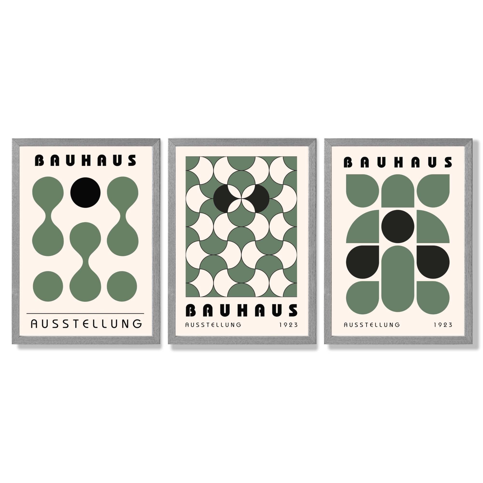 Set of 3 Bauhaus Mid Century Modern Green Framed Wall Art with Light Grey Wooden Frames