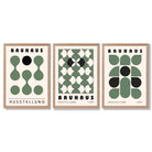 Set of 3 Bauhaus Mid Century Modern Green Framed Wall Art with Light Oak Frames