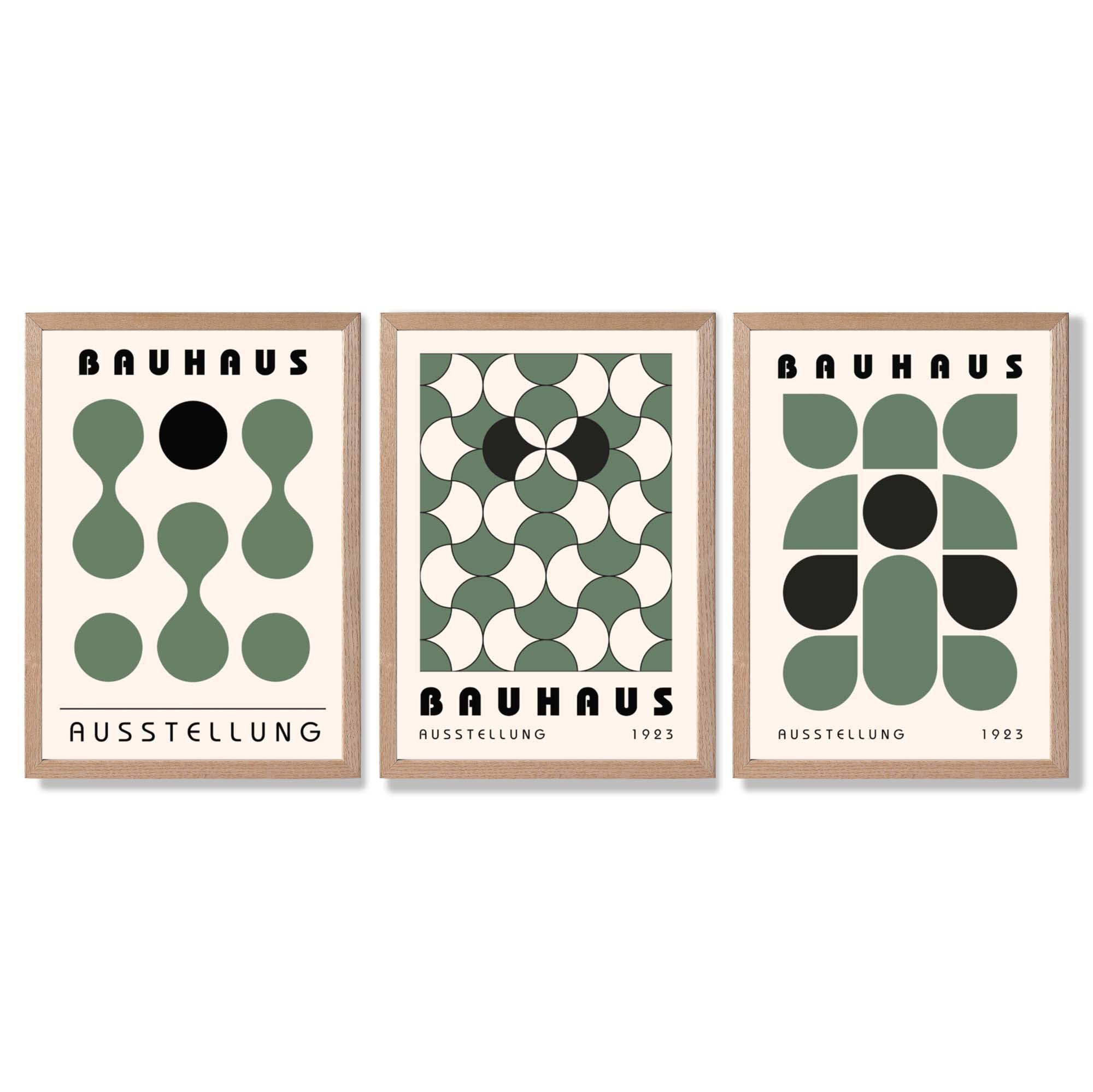 Set of 3 Bauhaus Mid Century Modern Green Framed Wall Art with Light Oak Frames