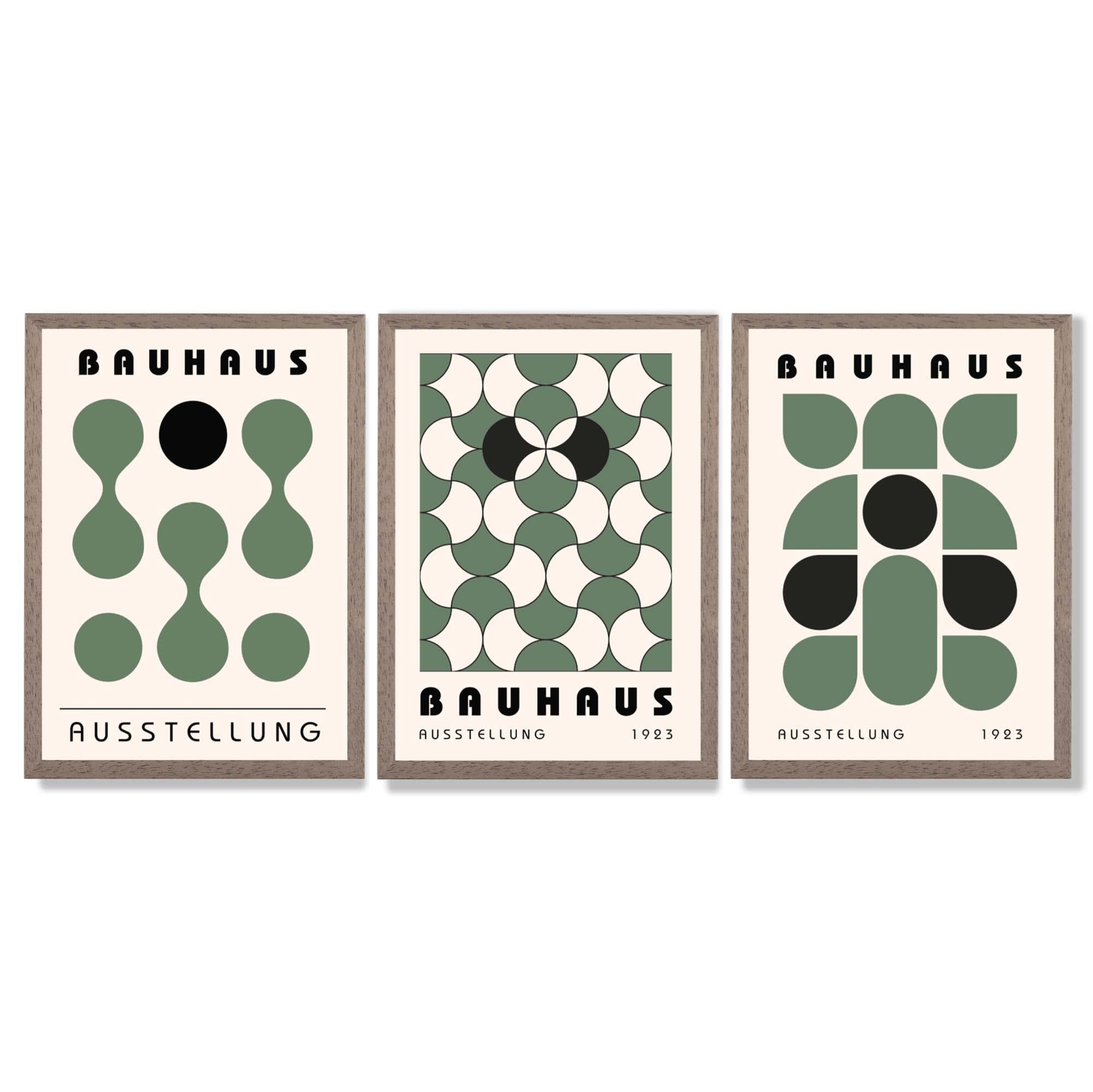 Set of 3 Bauhaus Mid Century Modern Green Framed Wall Art with Light Walnut Frames