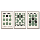 Set of 3 Bauhaus Mid Century Modern Green Framed Wall Art with Light Walnut Frames