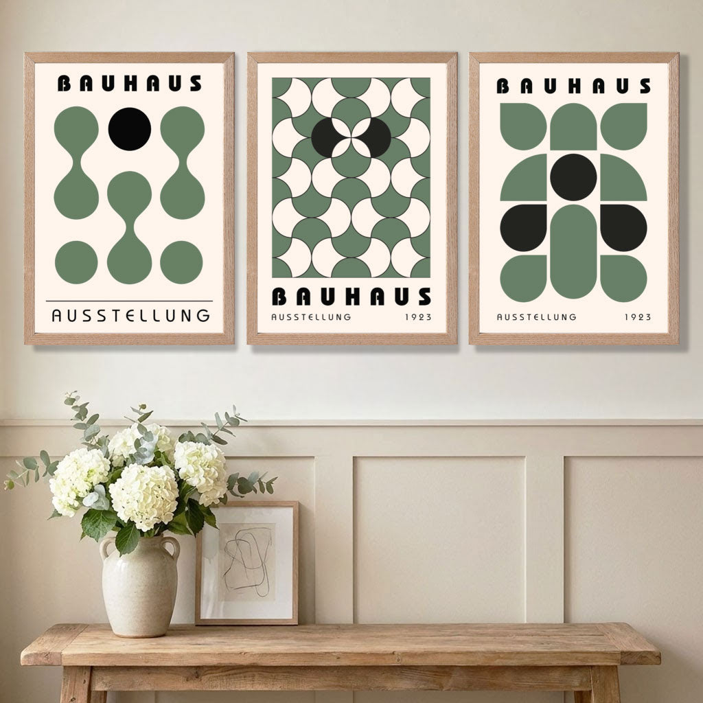 Set of 3 Bauhaus Mid Century Modern Green Art Prints in White Frames | Artze UK