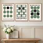 Set of 3 Bauhaus Mid Century Modern Green Art Prints in White Frames | Artze UK